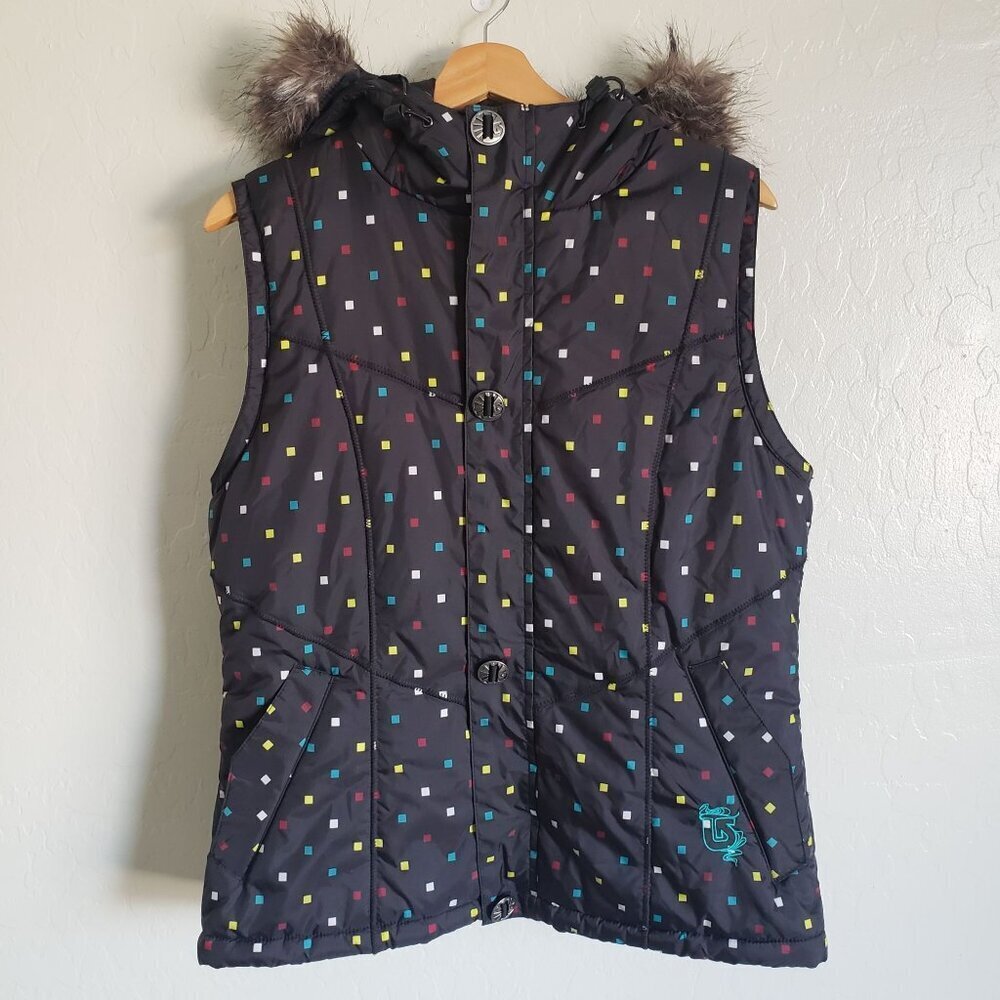 Burton Dryride Confetti Faux Fur Black Puffer Vest Womens Large Ski Snowboarding